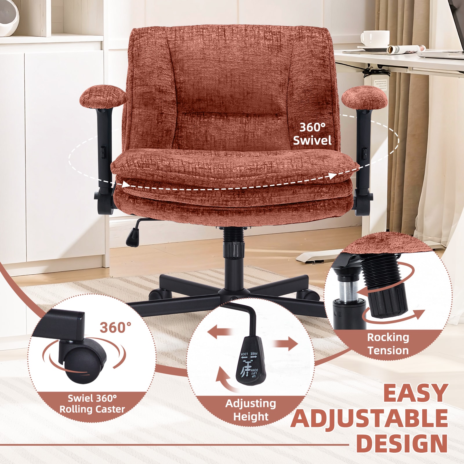 Criss Cross Chair With Wheels And Flip Arms, Upholstered Cross Legged Office Chair With 3 Layer Cushions&Dynamic Airbag Lumbar Support, Wide Seat Comfy Desk Chair For Home Office, Living Room, Orange_maomaolike.com